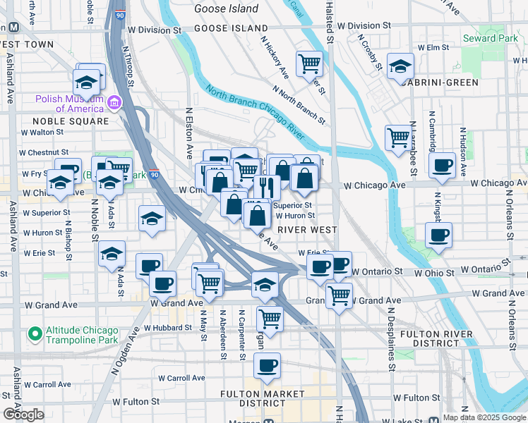 map of restaurants, bars, coffee shops, grocery stores, and more near 957 West Huron Street in Chicago