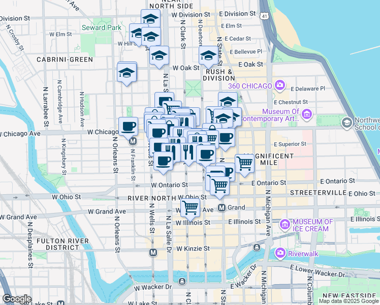 map of restaurants, bars, coffee shops, grocery stores, and more near 665 North Clark Street in Chicago