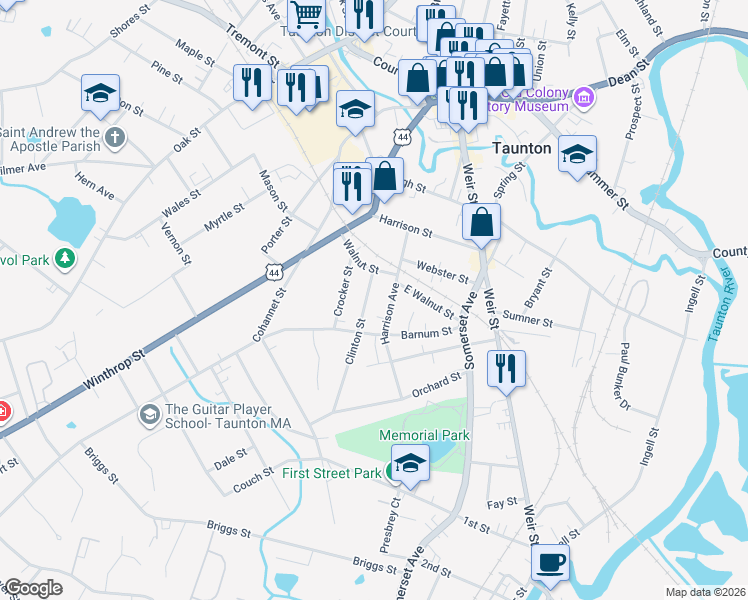 map of restaurants, bars, coffee shops, grocery stores, and more near 30 Harrison Avenue in Taunton
