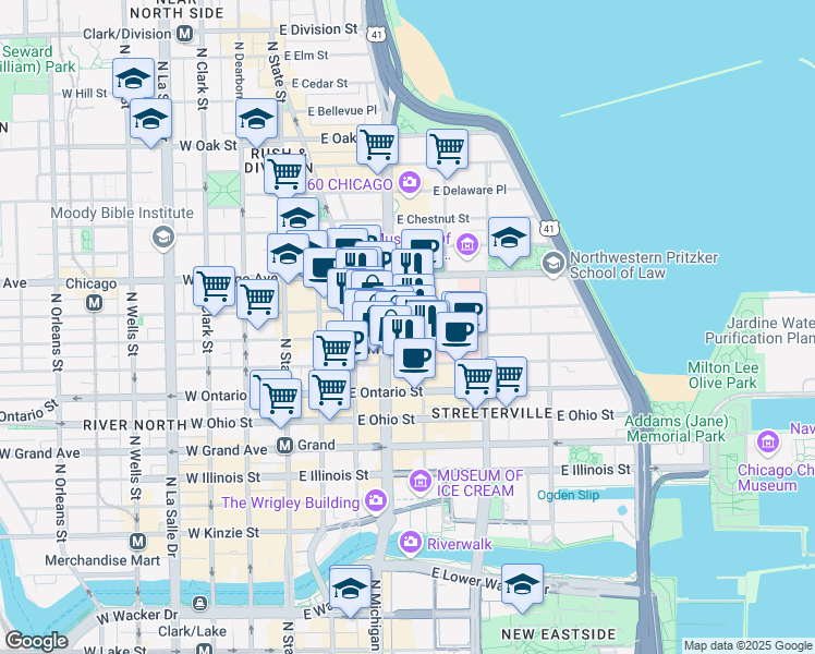 map of restaurants, bars, coffee shops, grocery stores, and more near 712 North Michigan Avenue in Chicago