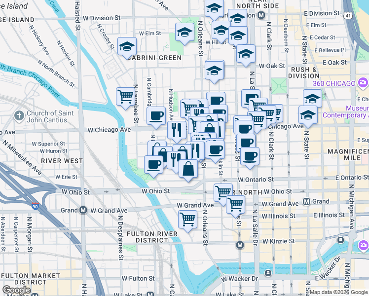 map of restaurants, bars, coffee shops, grocery stores, and more near 401 West Superior Street in Chicago