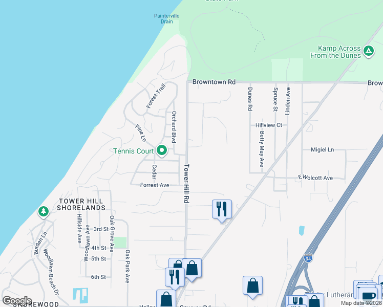 map of restaurants, bars, coffee shops, grocery stores, and more near 12367 Tower Hill Road in Sawyer
