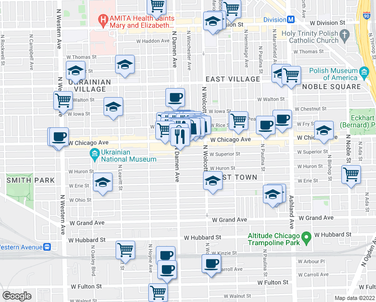 map of restaurants, bars, coffee shops, grocery stores, and more near 1948 West Superior Street in Chicago