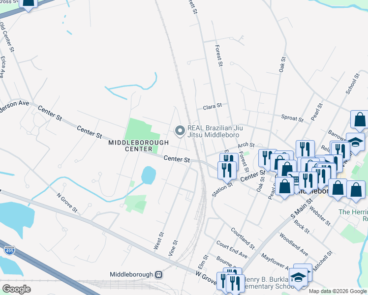 map of restaurants, bars, coffee shops, grocery stores, and more near 8 Arlington Street in Middleborough