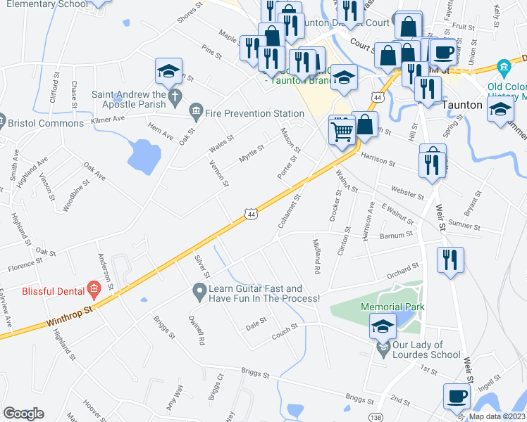 map of restaurants, bars, coffee shops, grocery stores, and more near 120 Winthrop Street in Taunton