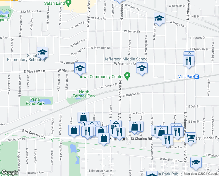 map of restaurants, bars, coffee shops, grocery stores, and more near 425 West Terrace Street in Villa Park