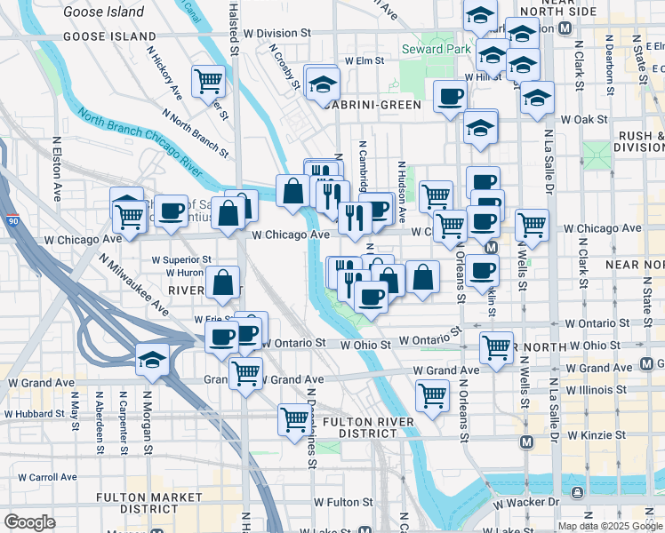 map of restaurants, bars, coffee shops, grocery stores, and more near 720 North Larrabee Street in Chicago
