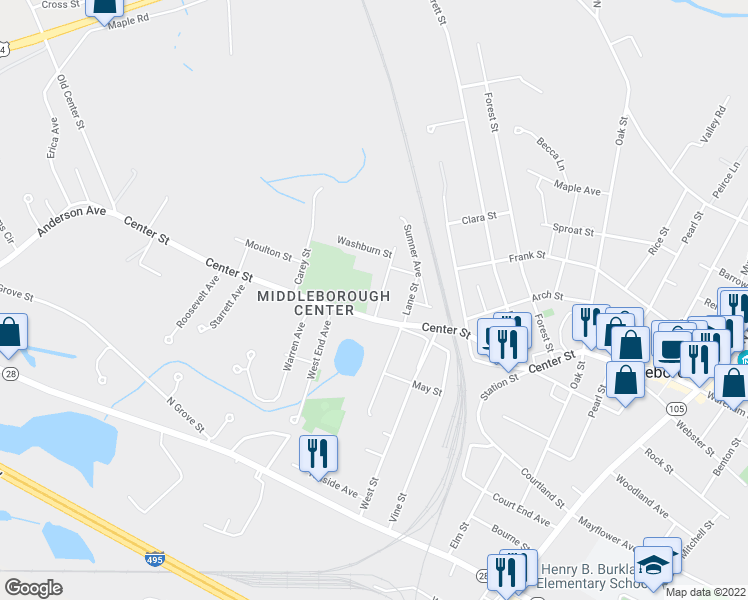 map of restaurants, bars, coffee shops, grocery stores, and more near 6 Lovell Street in Middleborough
