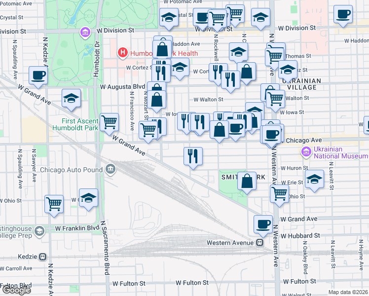 map of restaurants, bars, coffee shops, grocery stores, and more near 2700 West Superior Street in Chicago