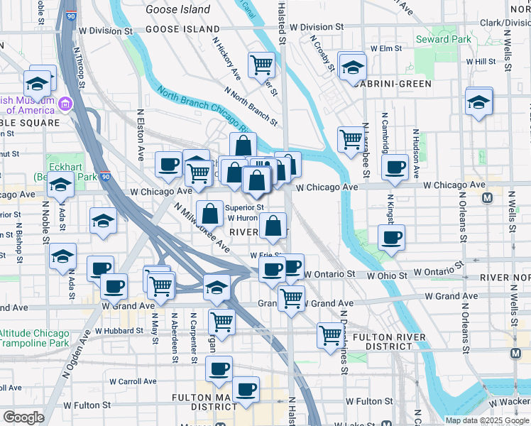 map of restaurants, bars, coffee shops, grocery stores, and more near 617 North Green Street in Chicago