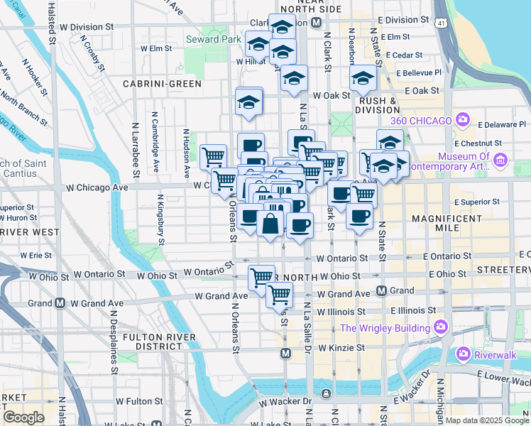map of restaurants, bars, coffee shops, grocery stores, and more near 702 North Wells Street in Chicago