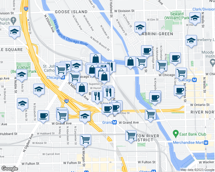 map of restaurants, bars, coffee shops, grocery stores, and more near 821 West Superior Street in Chicago