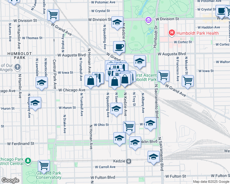 map of restaurants, bars, coffee shops, grocery stores, and more near 742 North Sawyer Avenue in Chicago