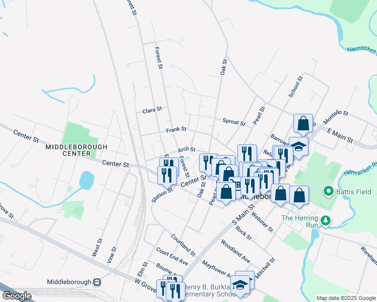 map of restaurants, bars, coffee shops, grocery stores, and more near 13 Forest Street in Middleborough