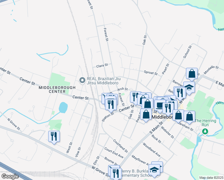 map of restaurants, bars, coffee shops, grocery stores, and more near 37 Everett Street in Middleborough