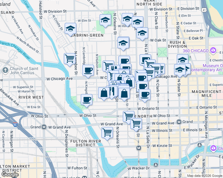map of restaurants, bars, coffee shops, grocery stores, and more near 344 West Huron Street in Chicago