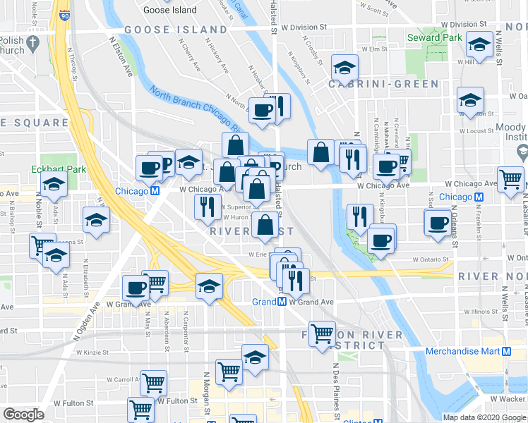 map of restaurants, bars, coffee shops, grocery stores, and more near 681 North Green Street in Chicago