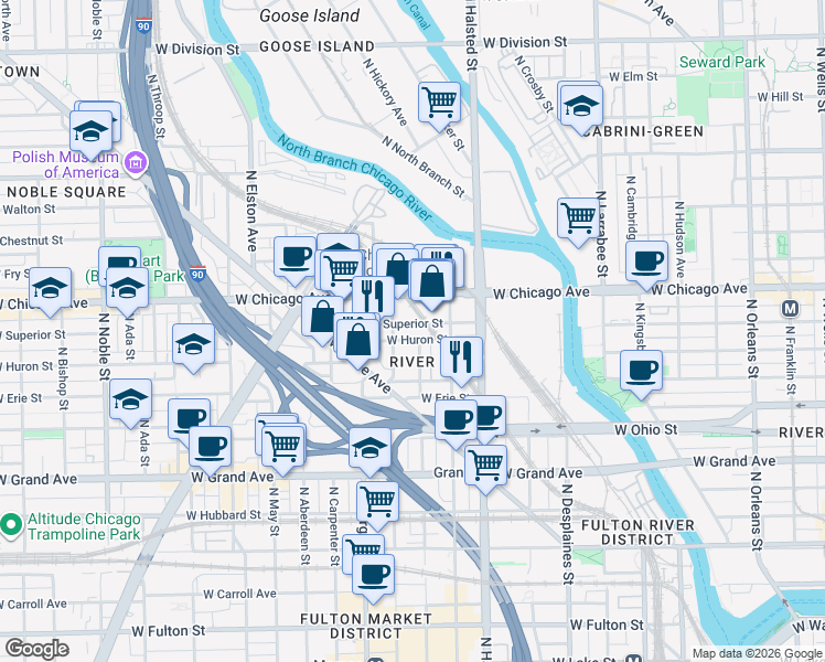 map of restaurants, bars, coffee shops, grocery stores, and more near 925 West Huron Street in Chicago