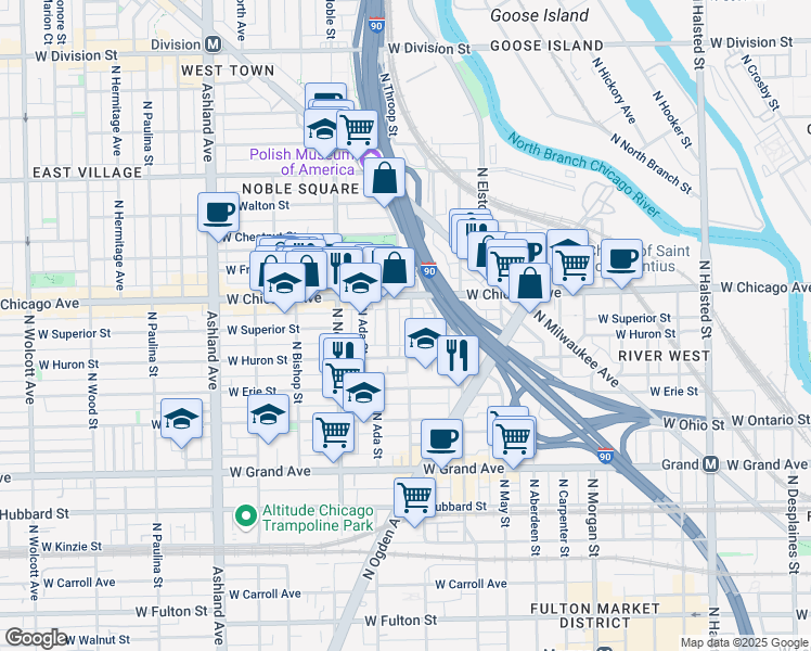 map of restaurants, bars, coffee shops, grocery stores, and more near 721 North Throop Street in Chicago