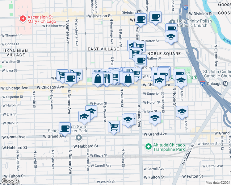 map of restaurants, bars, coffee shops, grocery stores, and more near 1719 West Superior Street in Chicago
