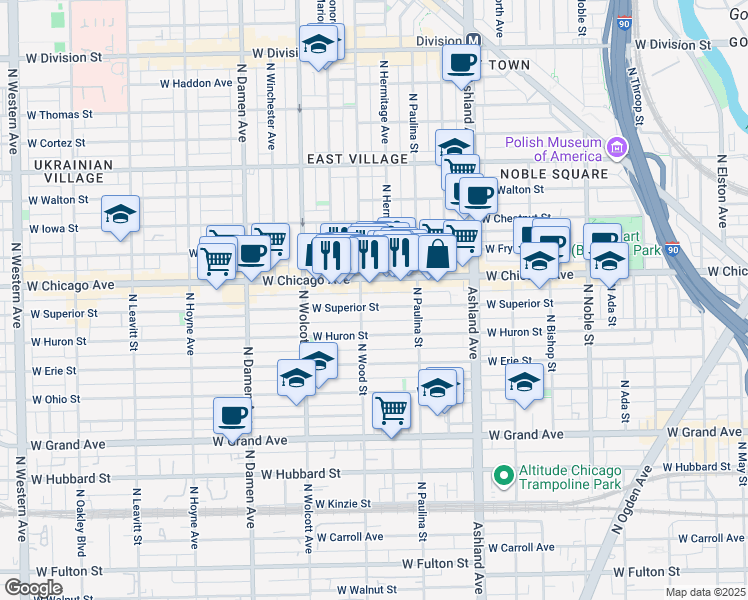 map of restaurants, bars, coffee shops, grocery stores, and more near 1759 West Superior Street in Chicago