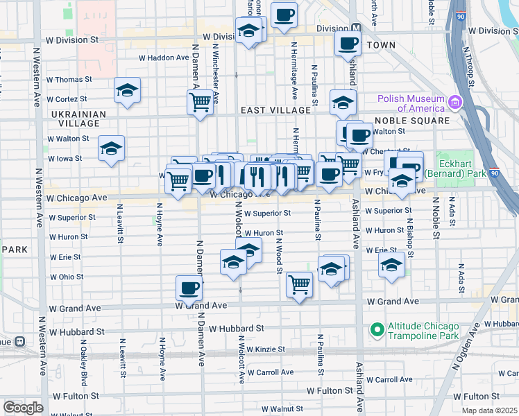 map of restaurants, bars, coffee shops, grocery stores, and more near 1831 West Superior Street in Chicago
