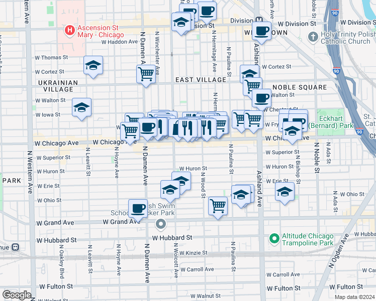 map of restaurants, bars, coffee shops, grocery stores, and more near 1831 West Superior Street in Chicago