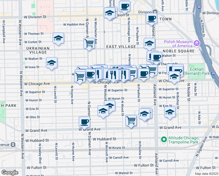 map of restaurants, bars, coffee shops, grocery stores, and more near 1831 West Superior Street in Chicago