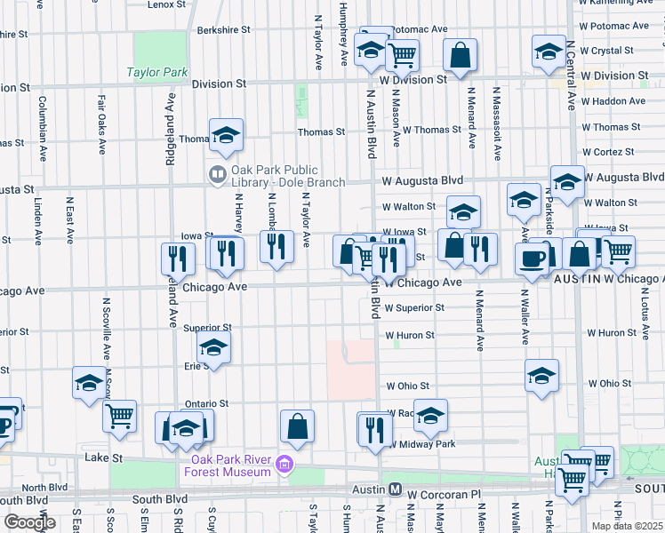 map of restaurants, bars, coffee shops, grocery stores, and more near 40 Chicago Avenue in Oak Park