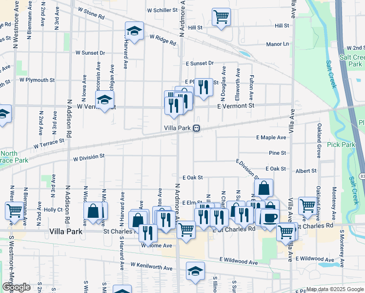 map of restaurants, bars, coffee shops, grocery stores, and more near 302 North Cornell Avenue in Villa Park