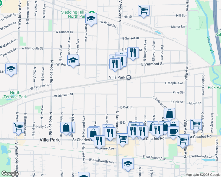 map of restaurants, bars, coffee shops, grocery stores, and more near 308 North Ardmore Avenue in Villa Park