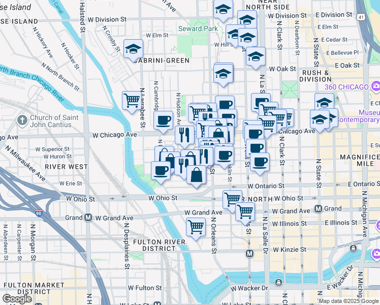 map of restaurants, bars, coffee shops, grocery stores, and more near 405 West Superior Street in Chicago