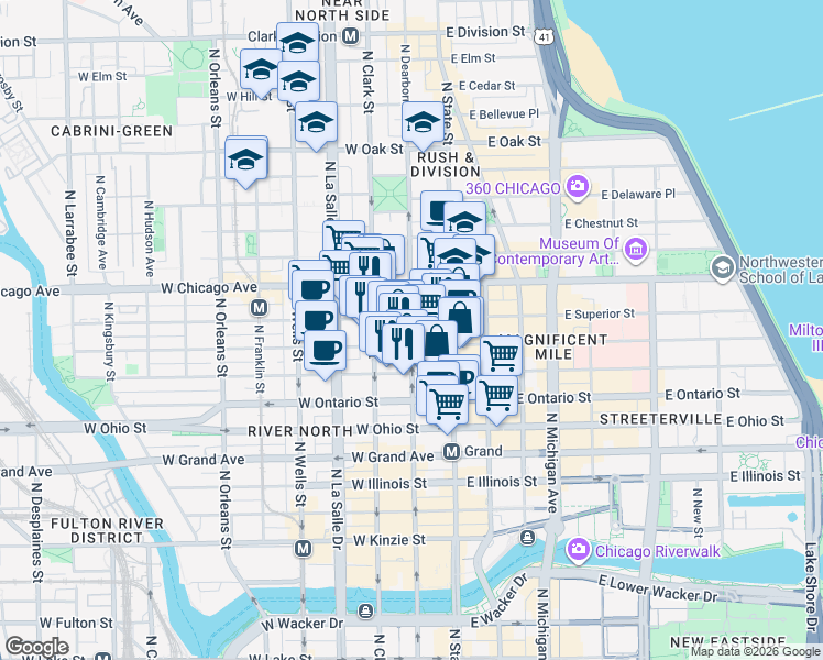 map of restaurants, bars, coffee shops, grocery stores, and more near North Dearborn Street in Chicago