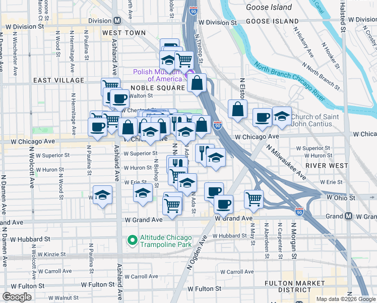 map of restaurants, bars, coffee shops, grocery stores, and more near 739 North Ada Street in Chicago