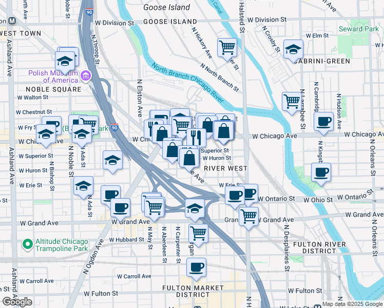 map of restaurants, bars, coffee shops, grocery stores, and more near 957 West Huron Street in Chicago