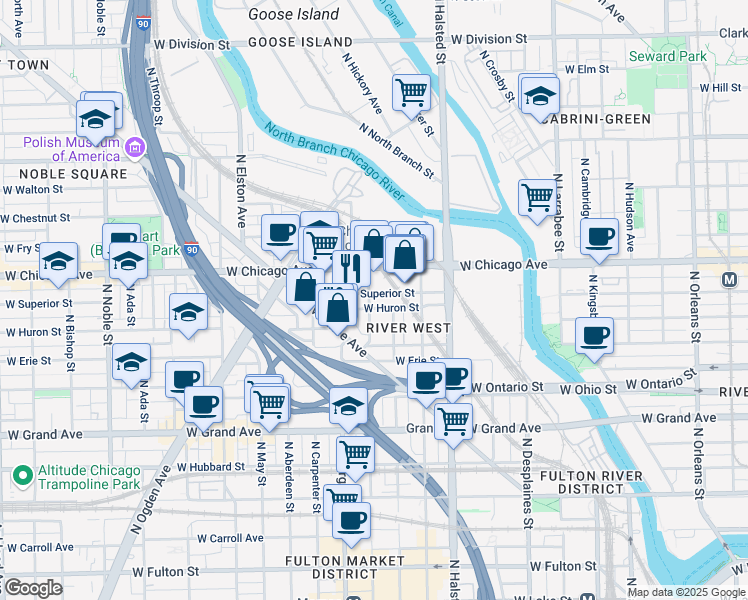 map of restaurants, bars, coffee shops, grocery stores, and more near 920 West Huron Street in Chicago