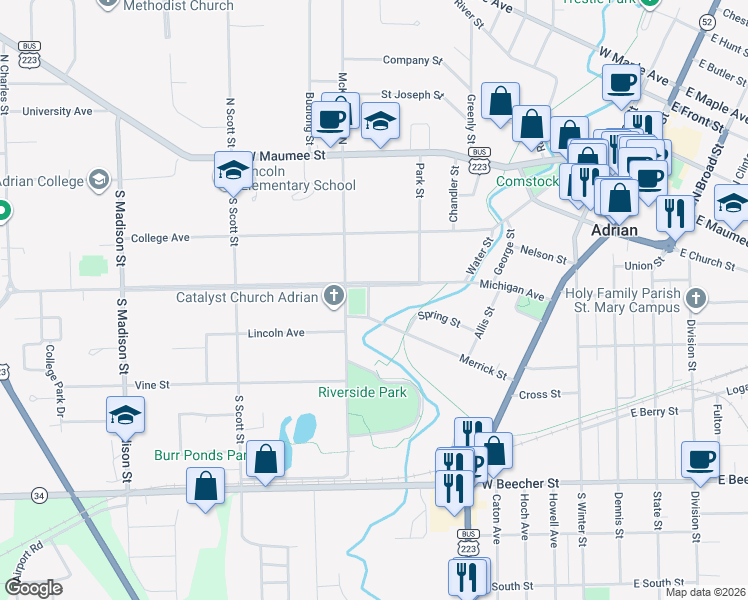 map of restaurants, bars, coffee shops, grocery stores, and more near 323 Rice Street in Adrian