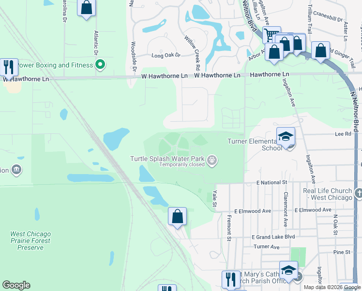 map of restaurants, bars, coffee shops, grocery stores, and more near 129-61 National St in West Chicago
