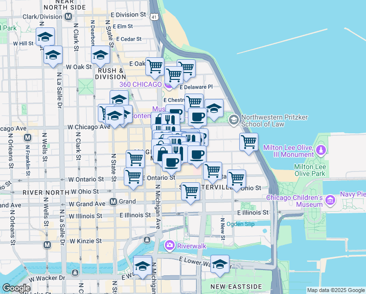 map of restaurants, bars, coffee shops, grocery stores, and more near 200 East Huron Street in Chicago
