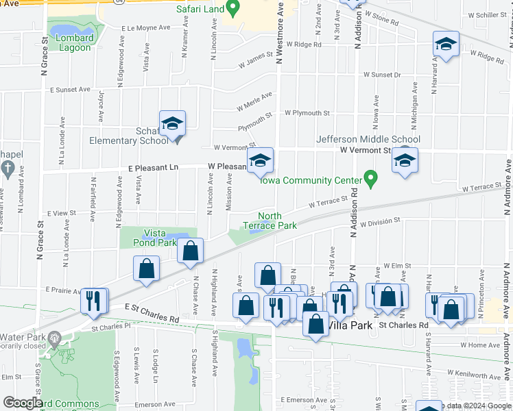 map of restaurants, bars, coffee shops, grocery stores, and more near 620 West Terrace Street in Villa Park