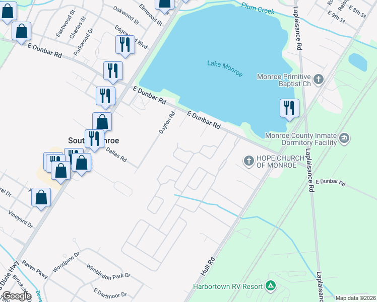 map of restaurants, bars, coffee shops, grocery stores, and more near 520 Red Pine Way in Monroe