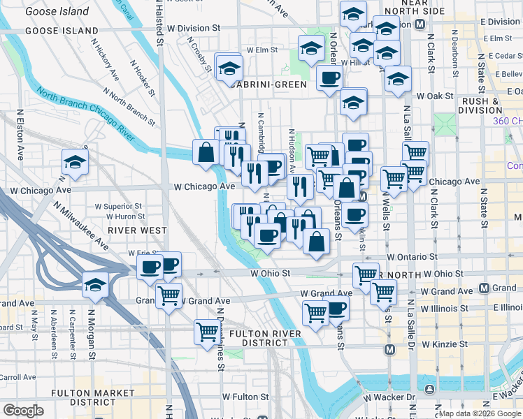 map of restaurants, bars, coffee shops, grocery stores, and more near 520 West Huron Street in Chicago