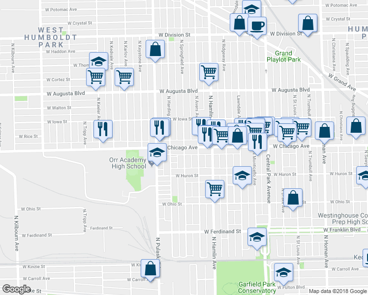 map of restaurants, bars, coffee shops, grocery stores, and more near West Chicago Avenue & North Springfield Avenue in Chicago