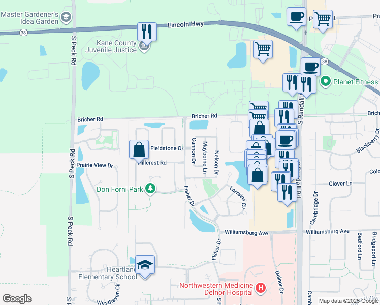 map of restaurants, bars, coffee shops, grocery stores, and more near 2980 Langford Drive in Geneva