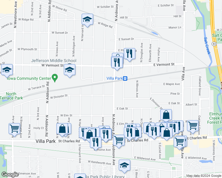 map of restaurants, bars, coffee shops, grocery stores, and more near 318 North Ardmore Avenue in Villa Park