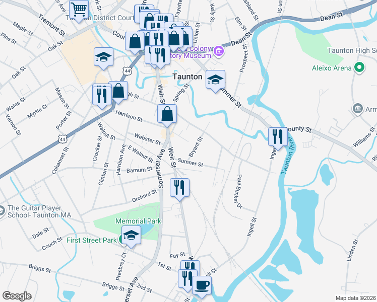 map of restaurants, bars, coffee shops, grocery stores, and more near 22 Bryant Street in Taunton