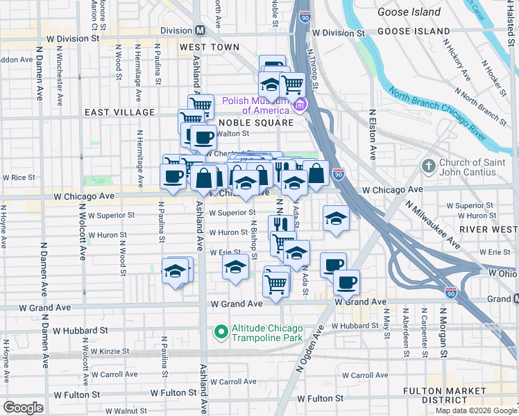 map of restaurants, bars, coffee shops, grocery stores, and more near 1413 West Superior Street in Chicago