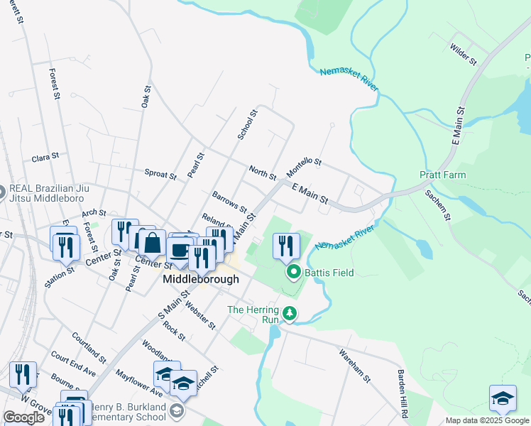 map of restaurants, bars, coffee shops, grocery stores, and more near 219 North Main Street in Middleborough