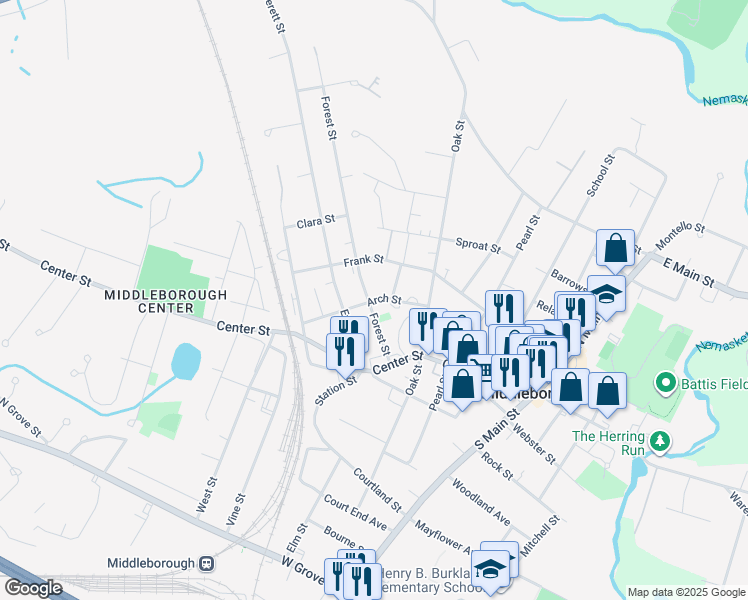 map of restaurants, bars, coffee shops, grocery stores, and more near 13 Forest Street in Middleborough