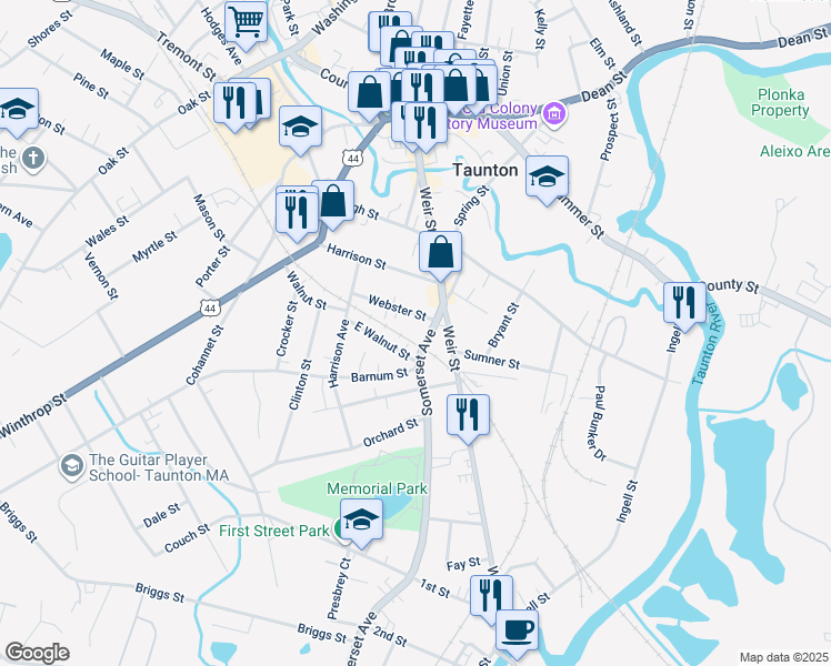 map of restaurants, bars, coffee shops, grocery stores, and more near 57 Somerset Avenue in Taunton